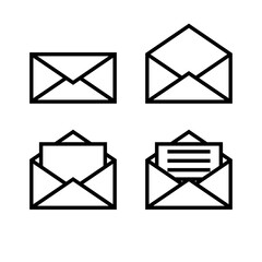 Letter envelope symbols icons signs logos simple black and white colored set 2. A set of icons of the envelope with the letter inside, minimalist, black and white (mostly white).