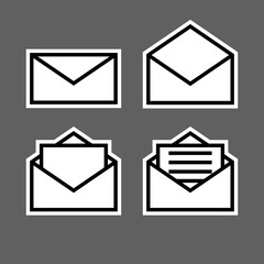 Letter envelope symbols icons signs logos simple black and white colored set with a white outline. A set of icons of the envelope with the letter inside, minimalist, black and white (mostly white).