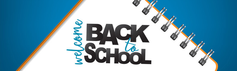 Back to School banner or header. Spiral notebook on blue background. 3d realistic illustration.