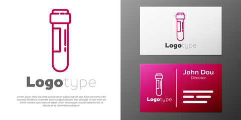 Logotype line Test tube or flask with blood icon isolated on white background. Laboratory, chemical, scientific glassware sign. Logo design template element. Vector Illustration.