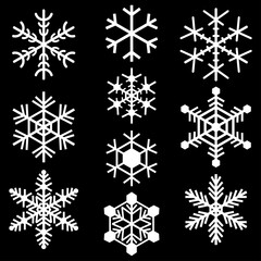 Snowflakes symbols icons signs logos simple white colored set. A set of ten icons of snowflakes, minimalist, white.