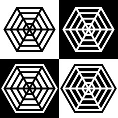 Spider web symbols icons signs logos simple black and white colored set. A set of icons of spider web, minimalist, black and white with and without an outline.