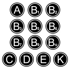 Vitamins symbols icons signs simple black and white colored set. A set of vitamin icons, flat, black and white (mostly black).