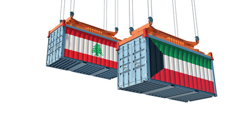 Freight containers with Kuwait and Lebanon flag. 3D Rendering 