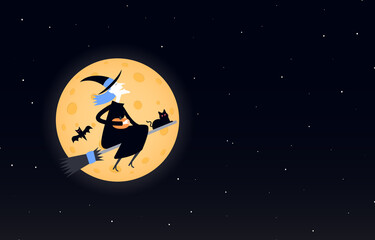 Happy halloween. Laughing witch flies on a broomstick against the background of the moon and the night sky. Halloween party invitations or greeting cards template. Place for text. Vector illustration