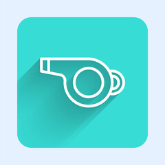 Naklejka premium White line Whistle icon isolated with long shadow. Referee symbol. Fitness and sport sign. Green square button. Vector Illustration.