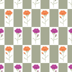 Vector Carnation Flowers in Purple Orange on Green and White Background Seamless Repeat Pattern. Background for textiles, cards, manufacturing, wallpapers, print, gift wrap and scrapbooking.