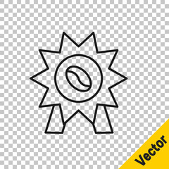 Black line Medal for coffee icon isolated on transparent background. Premium quality coffee badge. Vector Illustration.