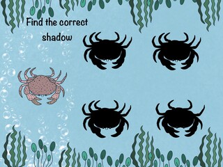 Find the correct shadow. Logical game. Underwater world. Crab 