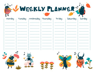 A weekly planner with cute insect musicians. Vector graphics.