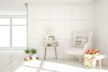 White cozy minimalist room with armchair. Scandinavian interior design. 3D illustration