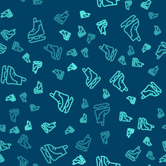 Green line Skates icon isolated seamless pattern on blue background. Ice skate shoes icon. Sport boots with blades. Vector Illustration.