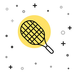 Black line Tennis racket icon isolated on white background. Sport equipment. Random dynamic shapes. Vector Illustration.