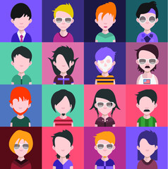 Set of people icons in flat style with faces. Vector women, men  character 