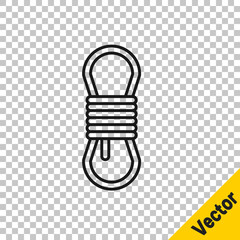 Black line Climber rope icon isolated on transparent background. Extreme sport. Sport equipment. Vector Illustration.