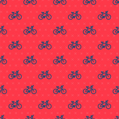 Blue line Bicycle icon isolated seamless pattern on red background. Bike race. Extreme sport. Sport equipment. Vector Illustration.