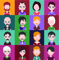 Set of people icons in flat style with faces. Vector women, men  character 