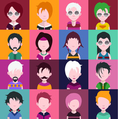 Set of people icons in flat style with faces. Vector women, men  character 
