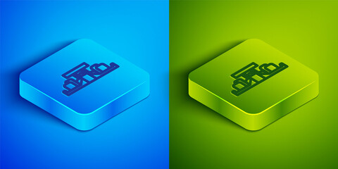 Isometric line Formula 1 racing car icon isolated on blue and green background. Square button. Vector Illustration.