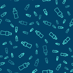 Green line Bottle of water icon isolated seamless pattern on blue background. Soda aqua drink sign. Vector Illustration.