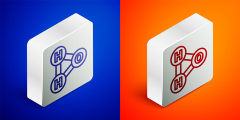 Isometric line Chemical formula for water drops H2O shaped icon isolated on blue and orange background. Silver square button. Vector Illustration.