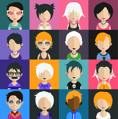 Set of people icons in flat style with faces. Vector women, men  character 