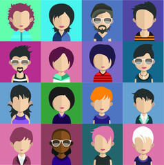 Set of people icons in flat style with faces. Vector women, men  character 