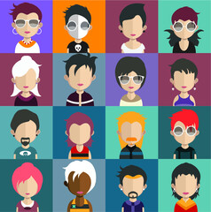Set of people icons in flat style with faces. Vector women, men  character 