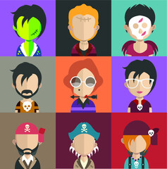 Set of people icons in flat style with faces. Vector women, men  character 