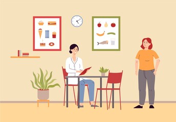 Nutritionist and overweight woman at medical clinic room interior background.