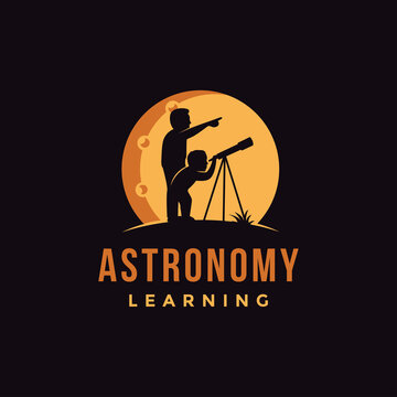 Father And Son Using Telescope Vector Illustration, Astronomy Learning Logo Icon Vector On Black Background