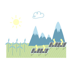 Illustration on the theme of ecology, green energy and waste recycling; solar panels and wind turbines on a natural landscape, vector illustration
