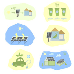 Collection of illustrations on the theme of ecology, green energy and waste recycling; vector illustration