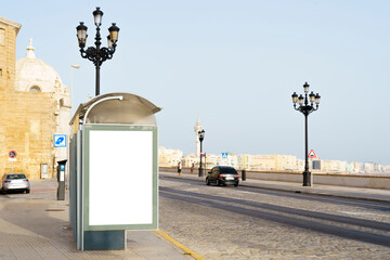 Empty advertising light box. Billboard on a bus stop. Your ad. Cadiz, South Spain.