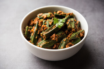 Indian Bharwa Bhindi or masala fried Okra, bhendi or ladyfinger curry