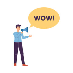 Man shouting in loudspeaker - wow sale banner, flat vector illustration isolated.