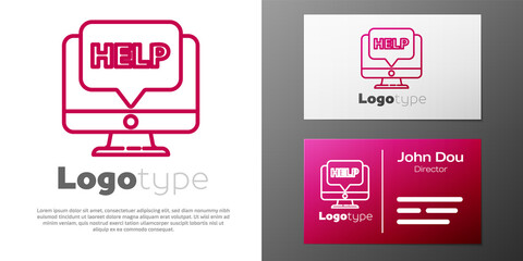 Logotype line Computer monitor and help icon isolated on white background. Adjusting, service, setting, maintenance, repair, fixing. Logo design template element. Vector Illustration.