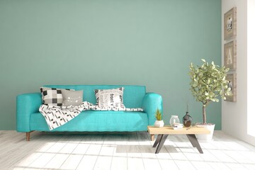 Blue stylish minimalist room with sofa. Scandinavian interior design. 3D illustration