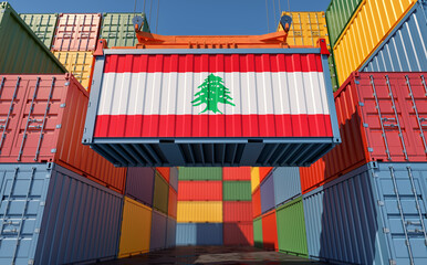 Freight container with Lebanon flag on a container terminal. 3D Rendering