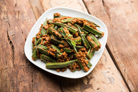 Indian Bharwa Bhindi or masala fried Okra, bhendi or ladyfinger curry