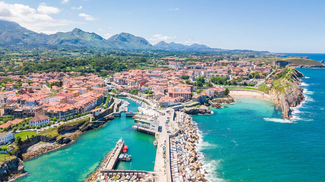 aerial view of llanes fishing town in asturias, spain
