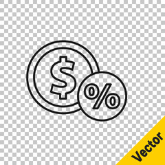 Black line Money coin with percent icon isolated on transparent background. Cash Banking currency sign. Vector Illustration.
