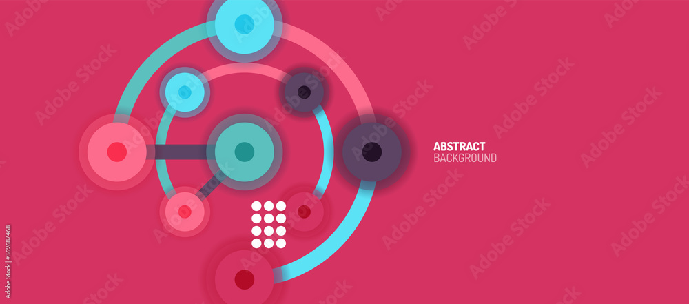 Poster flat style geometric abstract background, round dots or circle connections on color background. tech
