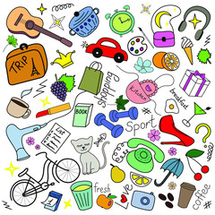 Set of doodles in color, women things, hand drawn doodle set