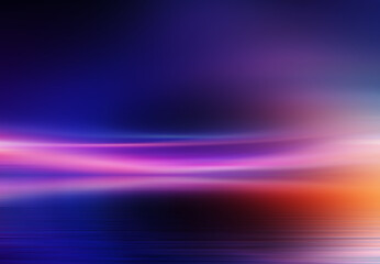 Light neon effect, energy waves on a dark abstract background. Laser colorful neon show. Reflection of light on the asphalt. Night party with clouds of smoke. 3d illustration