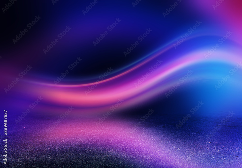 Wall mural light neon effect, energy waves on a dark abstract background. laser colorful neon show. reflection 