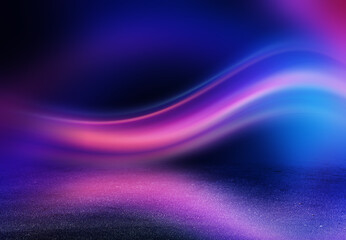 Light neon effect, energy waves on a dark abstract background. Laser colorful neon show. Reflection of light on the asphalt. Night party with clouds of smoke. 3d illustration