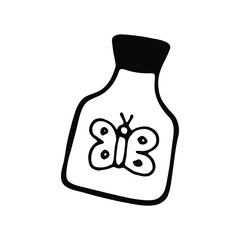 hand drawn butterfly in a bottle isolated.Single hand drawn element glass with magic elixir for greeting cards, posters, stickers and esotericist design. Isolated on white background