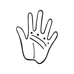 Guessing on the hand line.fortune telling.  elements about magic and chiromancy, divination. Hand drawn hand with magical symbols. Isolated on white backdrop.