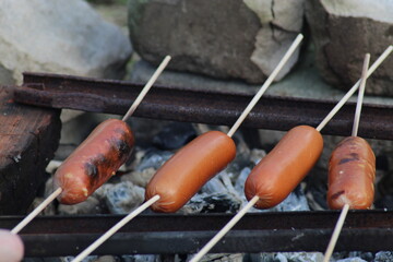 Fried sausages on the fire in nature. The food at the picnic